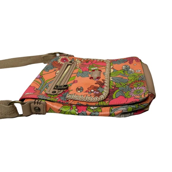 Sakroots Orange Floral Print Crossbody Messenger Flap Purse Bag Coated Canvas - Picture 5 of 13